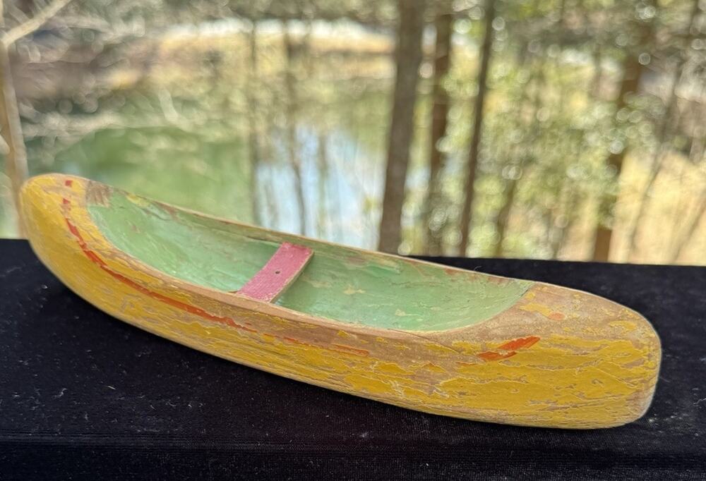 Vintage Carved Wooden Toy Canoe Folk Art Yellow Germany -TO1